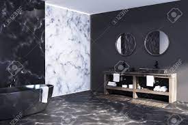 Marble bathrooms are one of the chicest spaces in the house. White And Black Marble Bathroom With A Black Tub Standing On A Black Marble Floor Near A Double Sink 3d Rendering Mock Up Stock Photo Picture And Royalty Free Image Image 91305566