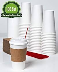 Hot White Paper Coffee Cups With Lids Stirrers And Sleeves 16 Oz 100 Set Disposable Coffee Cups Ideal For Home Paper Coffee Cup Coffee Cups Hot Drink