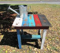 Rustic End Table Multicolored Wood Table By Serenevillage On Etsy Rustic End Tables Rustic Table Distressed Table