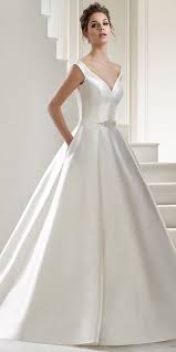 Romantic Satin V Neck Neckline Natural Waistline A Line Wedding Dress With Belt Pockets Wedding Dress Necklines Wedding Dresses Wedding Dresses Satin