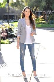 2020 Gunluk Kombinler Mavi Yirtik Kot Pantolon Beyaz Bluz Gri Ceket Kiyafet Spor Giyim Yirtik Kotlar