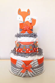 Cute Orange And Grey Diaper Cake For An Baby Shower Love The Fox On Top Fox Baby Shower Baby Shower Cakes Orange Baby Shower