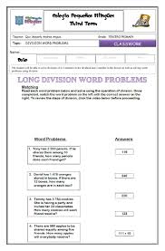 These grade 3 word problem worksheets require division with remainders to solve. Classwork Lon Division Word Problems Third Grade Math Worksheet