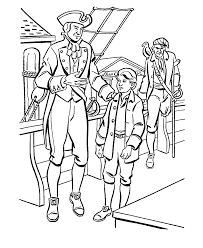 These classic adventure pirate tale coloring pages display a picture from the story and a printed caption to tell part of the story. Treasure Island Coloring Pages