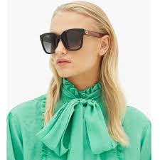 Gucci GG0034SN 002 Sunglasses Black/Green Square Frame, Grey Lenses