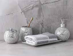 Let your bathroom shine with this silver and black crackle vessel sink. Bathroom Accessories Set 4 Piece Glass Mosaic Bath Accessory Sliver Home And Time