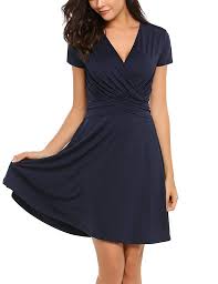Finejo Women S V Neck Short Sleeve Ruched Waist Fit And Flare Wrap Dress Shop2online Best Woman S Fashion Products Designed To Provide Fashion Trending Outfits Casual Dresses For Women
