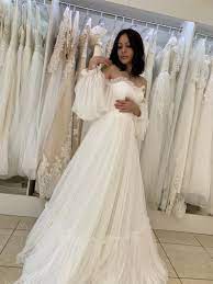Open Shoulders Long Wide Sleeves Wedding Dress Boho Tulle Bridal Dress Corset Fluffy Wedding Dress Simple Balloon Sleeves Wedding Dress Fluffy Wedding Dress Boho Wedding Dress Dream Wedding Dresses