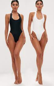 Black White 2 Pack High Leg Swimsuit Swimwear Prettylittlething Usa High Leg Swimsuit Black And White Swimsuit High Leg One Piece Swimsuit
