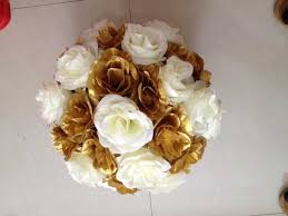 The vases are filled with spray roses, white lilac, ranunculus, and sedum. Hot 4pcs Lot 40cm Wedding Decorations Gold Ivory Silk Kissing Pomander Rose Flowers Balls Wedding Bouquet Tongfeng Flower Ball Wedding Rose Flower Ballball Wedding Aliexpress