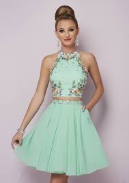 Cheap And Australia 2018 Blue White Open Back Short Length A Line Sleeveless Halter Embro Cocktail Dress Prom Two Piece Homecoming Dress Prom Dresses Two Piece