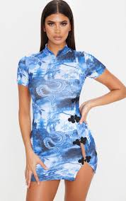 Blue Dragon Print High Neck Short Sleeve Oriental Bodycon Dress In 2020 Bodycon Dress Bodycon Dress With Sleeves Dresses For Work