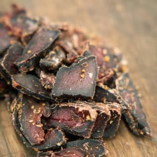 Nitrate-free air-dried steak biltong from grass-fed beef, AI generated