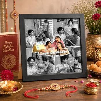MK Art Gifts Personalized Raksha Bandhan Photo Frame | Rakhi Gift for for Brother, Sister and Sibling | Custom Picture Frame with Photo Collage Design I Tabletop Black Frame (5X5 Inches) :