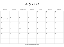 July 2022 Calendar Templates