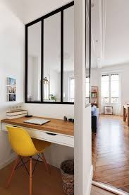 Small Office Corner Wooden Furniture And Drawer In White Color With Yellow Chair Simple Office With A Glass Roof As Separa Home Office Design Home Home Deco