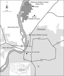 Map of Shelby County, TN, showing location of four study sites and airport. 