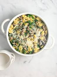 Italian sausage, zucchini and spinach fettucine are featured in this beef broth soup seasoned flavored with red wine, basil and oregano. Tortellini With Sausage Spinach And Mushrooms Sheri Silver Living A Well Tended Life At Any Age