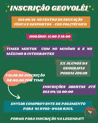 Estão oficialmente abertas as inscrições para o 1º Campeonato de Vôlei da  Geografia! Os times devem ser mistos, com no mínimo 6 e no máximo 8  integrantes. 📅 Data: 06/12 📍 Local: