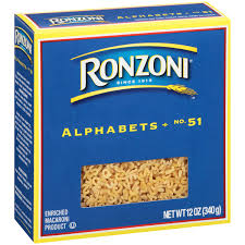 Alphabet pasta, also referred to as alfabeto and alphabetti spaghetti in the uk, is a pasta that has been mechanically cut or pressed into the letters of the alphabet.it is often served in an alphabet soup, sold in a can of condensed broth. Ronzoni Alphabets No 51 Pasta 12 Oz Box Walmart Com