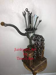Junkyard Art By Tam I Am Repurposed Meat Grinder Wrenches And Chain Are Welded Together To Make The Chain M Scrap Metal Art Welding Art Welding Art Projects
