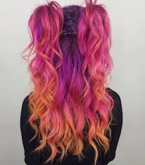 Glitter Hair Root Purple Hair Color Vivid Ombre Pastel Orange Long Curly Hair Double Two Bright Hair Colors Bright Hair Sunset Hair