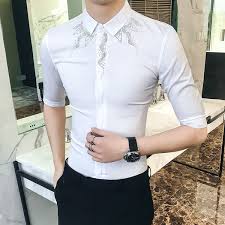 2019 Rhinestone Men Shirt Short Sleeve Casual Slim Fit Shirts 2019 New Streetwear Men Party Dress Tuxedo Camisa Masculina Black White From Ritalei