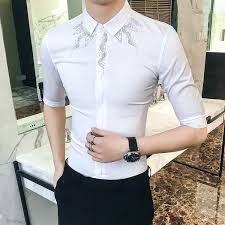 2019 rhinestone men shirt short sleeve casual slim fit shirts 2019 new streetwear men party dress tuxedo camisa masculina black white from ritalei