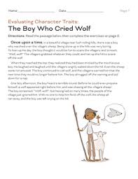 Evaluating Character Traits The Boy Who Cried Wolf Worksheet Education Com