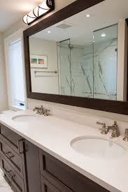 Barnyard designs decorative torched wood frame wall mirror, large rustic farmhouse mirror decor, vertical or horizontal hanging, for bathroom vanity, living room or bedroom, 32 x 24. Dark Wood Framed Bathroom Mirror Built In Vanity Jack And Jill Sinks Traditional Bathroom Toronto By W C Meek Design And Construction Ltd