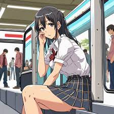 Beautiful anime girl upskirt with no panties on train hentai 