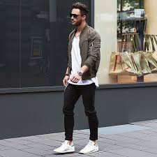 Men S Olive Bomber Jacket White Crew Neck T Shirt Black Jeans White Low Top Sneakers Street Wear Urban White Jeans Men Mens Streetwear