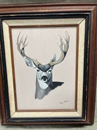 Vintage Custom Made Wood Frame Matted Canvas Buck Deer Painting By Rocky  Mathis
