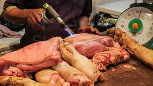 Meat from the back or sides of a pig, often eaten fried in thin slices: Orang Ini Tanya Apakah Dendeng Babi Halal Jawaban Pedagang Bikin Ngakak