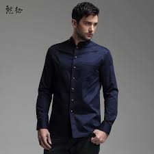 Modern Mandarin Collar Snap Button Shirt Dark Blue Chinese Shirts Blouses Men Collar Shirt Men Chinese Shirt Mens Shirts