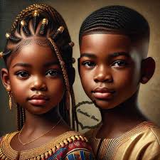 Close up portrait of 2 african twins aged 5 in traditional Sierra Leone  outfits. Girl has neatly detailed braided hair with gold hair jewellry and  boy has a low shave with sharp