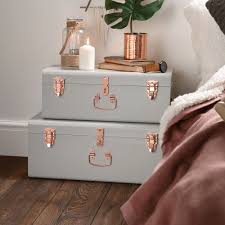 It is made from manufactured wood and includes a spacious drawer mounted on smooth metal runners that can store all your bedside. The Hub Beautify Set Of 2 Grey Steel Trunks With Rose Gold Handles 2 The Hub