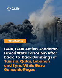 We strongly condemn the out-of-control Israeli government's bombings of  Tunisia, Syria, Lebanon and even Qatar, all in the past few days. The Trump  administration's Israel First policy is not only enabling the