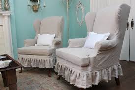 Slipcovered Wingback Chair Pair French Linen Shabby Chic Ruffle Cottage Slipcover Prairie Cus Furniture Upholstery Shabby Chic Slipcovers Reupholster Furniture
