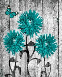 Teal Gray Flower Butterfly Home Decor Wall Art Rustic Treal Etsy Bedroom Wall Art Sunflower Wall Art Art Mat