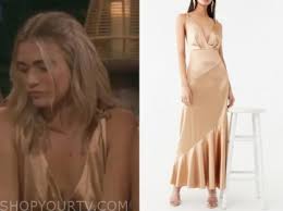 //best seller//new color// the anika pocketed button down ruffle maxi dress features a lightly textured crepe fabrication in marshmallow white. The Bachelor Season 24 Episode 5 Mykenna D S Gold Satin Maxi Dress Shop Your Tv