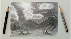 Mountain And Clouds Scenery Drawing By Pencil Sunlight Landscape Drawing With Pencil Youtube
