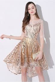 Sparkly Gold Sheer Neck High Low Short Party Dress With Sleeves Gold Dress Short Party Dresses With Sleeves Short Party Dress