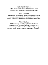 Dengan demikian, visi dan misi yang telah dibuat oleh osis smp negeri 1 candipuro tersebut harus bisa menyatukan perbedaan tersebut serta mampu untuk meningkatkan sikap yang tenggang rasa kepada sesama siswa demi menjaga persatuan dan. Falsafah Sekolah Visi Dan Misi