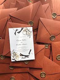 Rusty Orange Wedding Invitation With Handmade Envelopes And And Gold Wax Seal Orange Wedding Invitations Burnt Orange Weddings Orange Wedding
