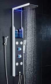 Ello Allo Stainless Steel Shower Panel Tower System Led Rainfall Waterfall Shower Head 5 Function Faucet Rain Massage System With Body Jets Black And White Bathroom Shower Panels Bathroom Shower Design Modern Shower