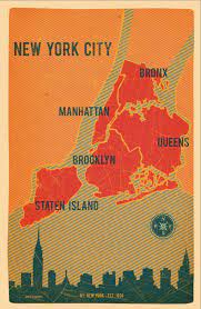 Nyc Boroughs Map In Red Vintage Style Print 11x17 By Vassislavova 3000 New York City York City