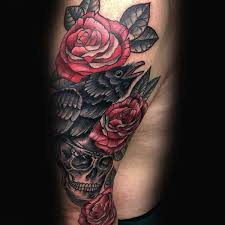 Black And Red Rose Tattoo Sleeve Top 93 Crow Tattoo Ideas 2020 Inspiration Guide Crow Tattoo Design Crow Tattoo Tattoo Designs Men