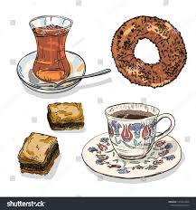 Drawing National Turkish Tea And Coffee With Simit And Baklava Hand Drawn Traditional Turkey Bavarages And Bagels Coffee Illustration Turkish Tea Coffee Art