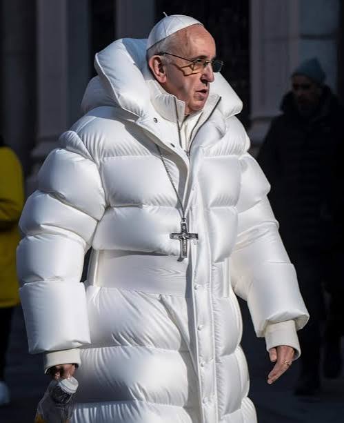 AI image of late Pope Francis in a white puffer jacket